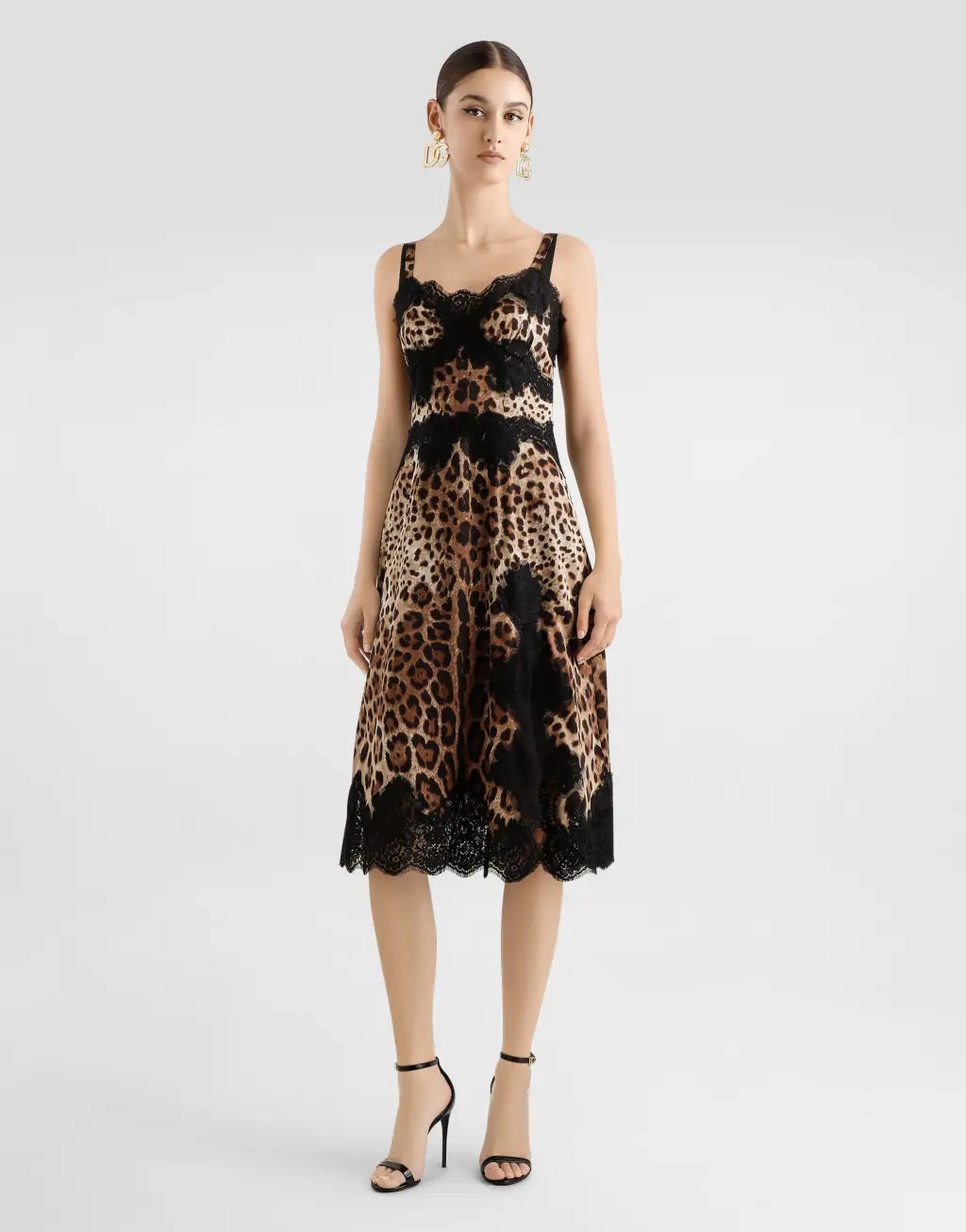 【蕾丝裙】蕾丝饰边豹纹印花缎布迷笛内衣连衣裙