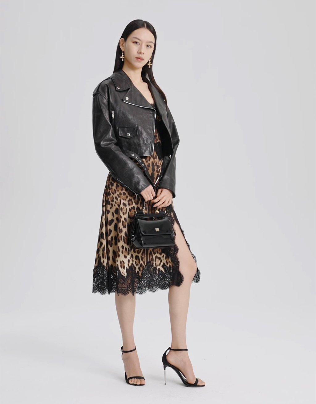 【蕾丝裙】蕾丝饰边豹纹印花缎布迷笛内衣连衣裙7