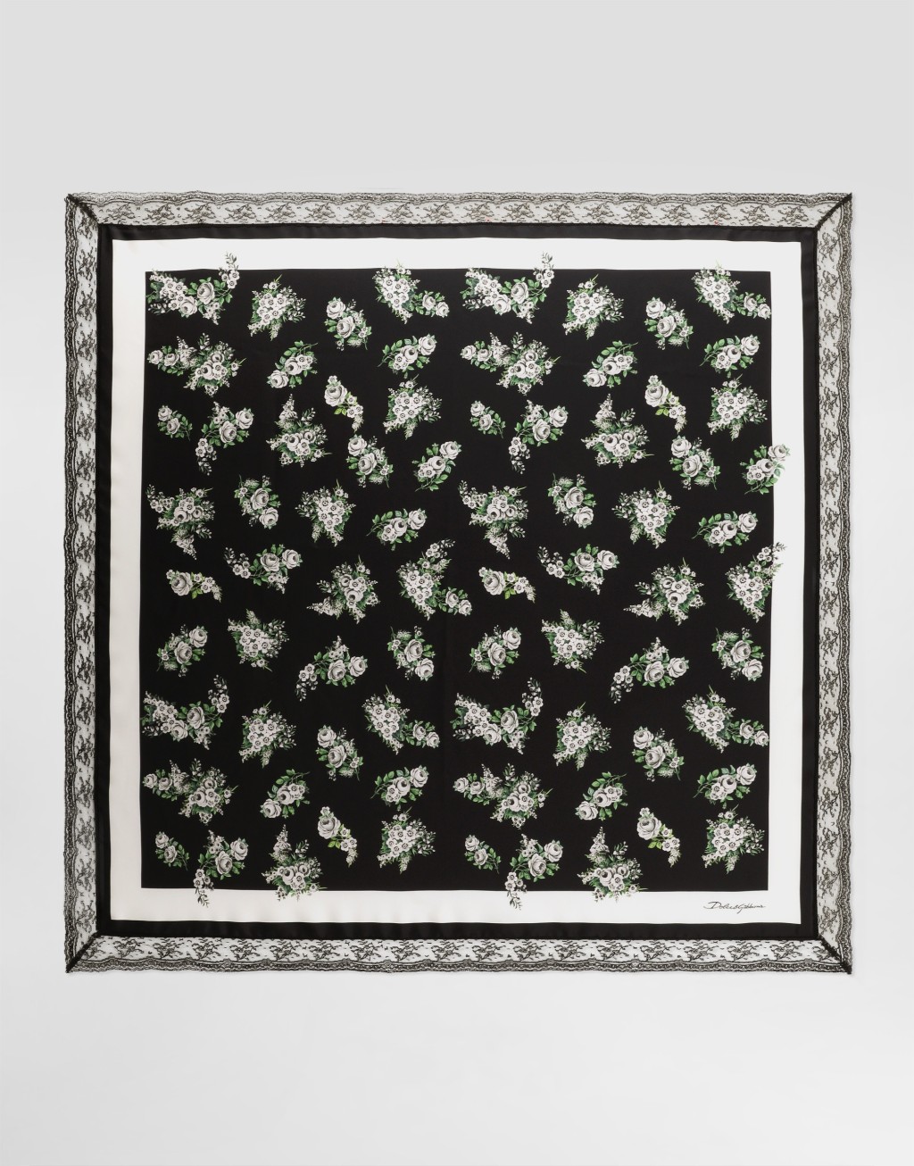 90x90 小花束印花真丝斜纹蕾丝嵌饰方巾1