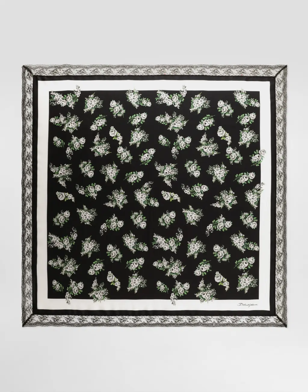 90x90 小花束印花真丝斜纹蕾丝嵌饰方巾