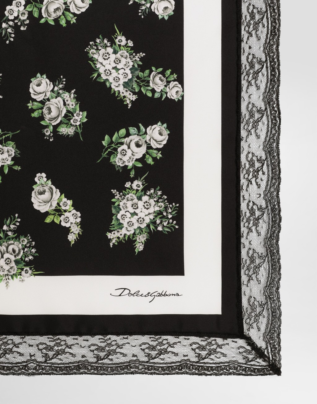 90x90 小花束印花真丝斜纹蕾丝嵌饰方巾2