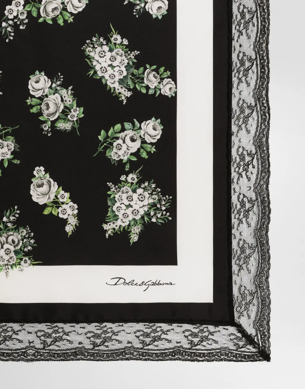 90x90 小花束印花真丝斜纹蕾丝嵌饰方巾