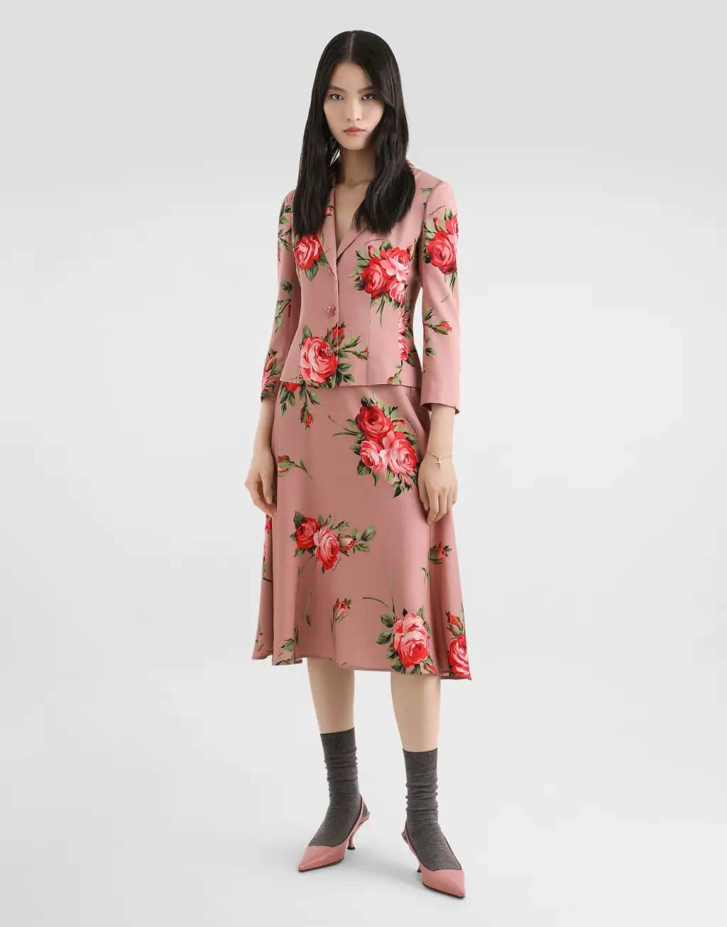 玫瑰花束印花中长半身裙