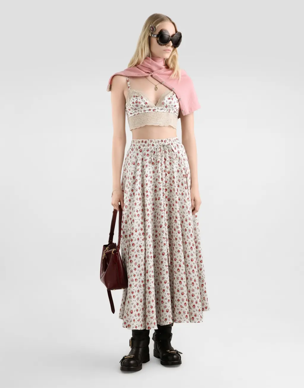 小玫瑰印花真丝缎面圆裙