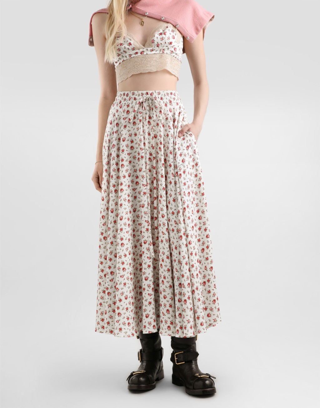 小玫瑰印花真丝缎面圆裙4