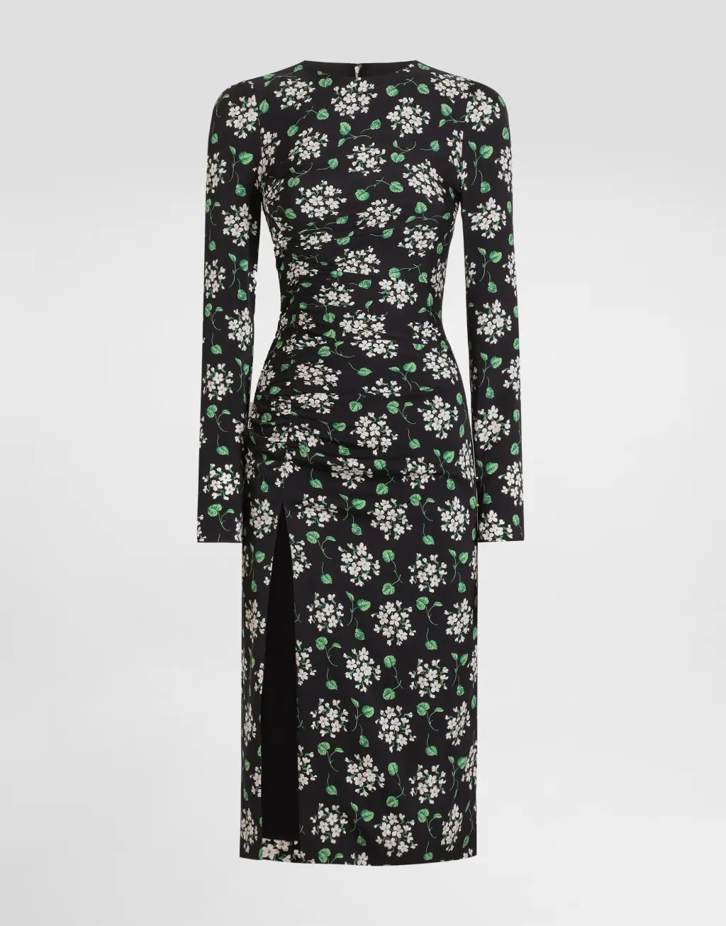 天竺葵花束印花真丝缎面连衣裙