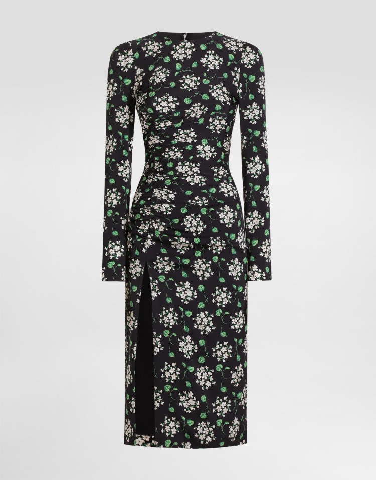 【真丝缎】天竺葵花束印花真丝缎面连衣裙