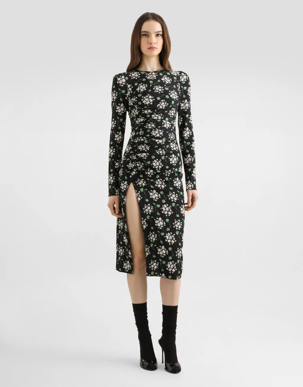 天竺葵花束印花真丝缎面连衣裙