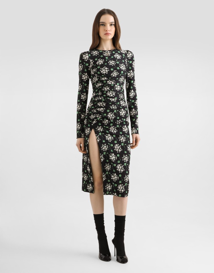 【真丝缎】天竺葵花束印花真丝缎面连衣裙