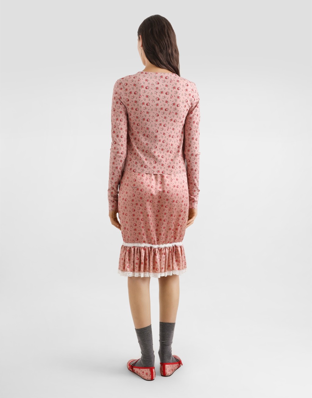 玫瑰印花荷叶边直筒裙3