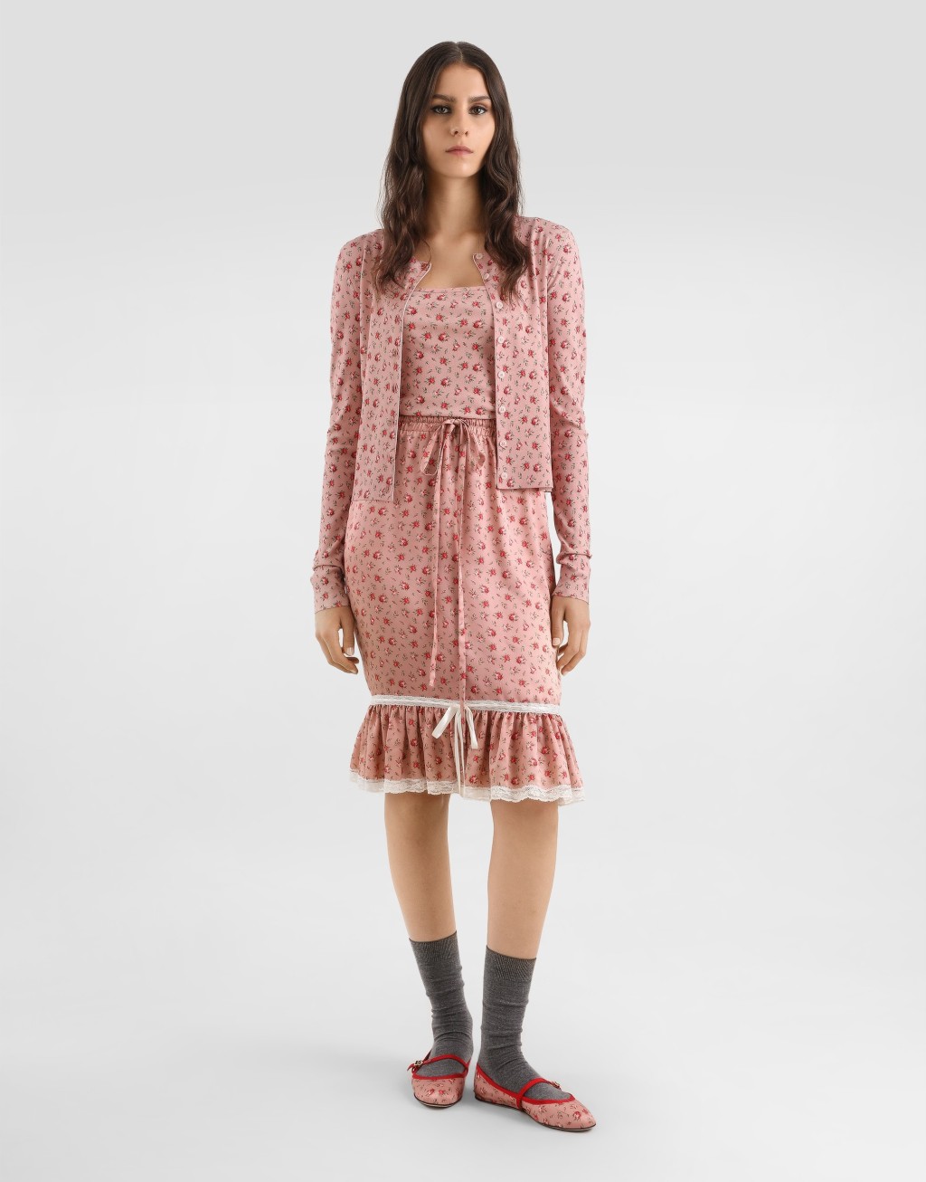 玫瑰印花荷叶边直筒裙2