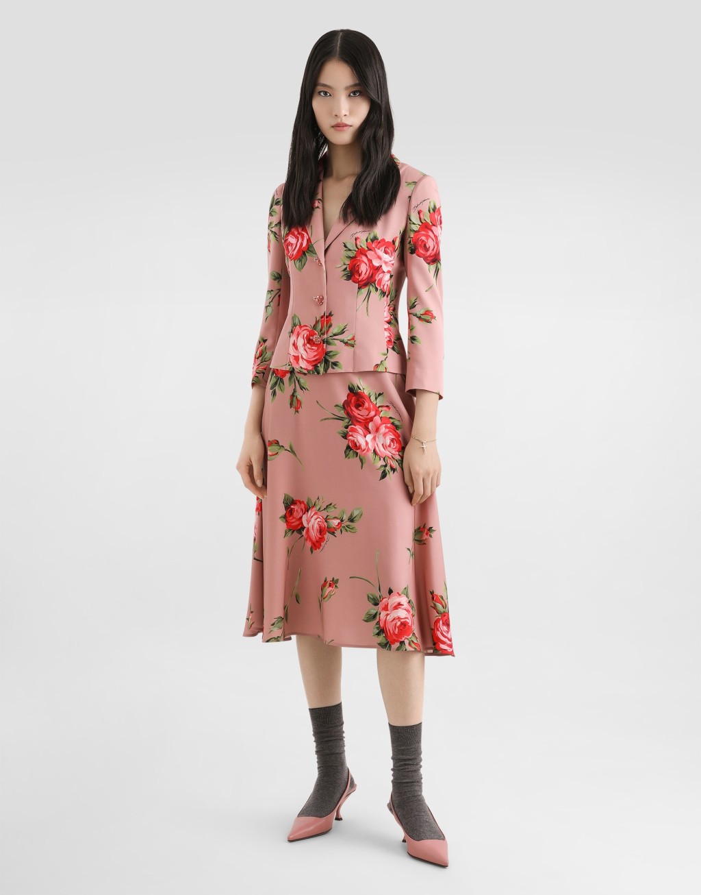 玫瑰花束印花真丝缎单排扣夹克2