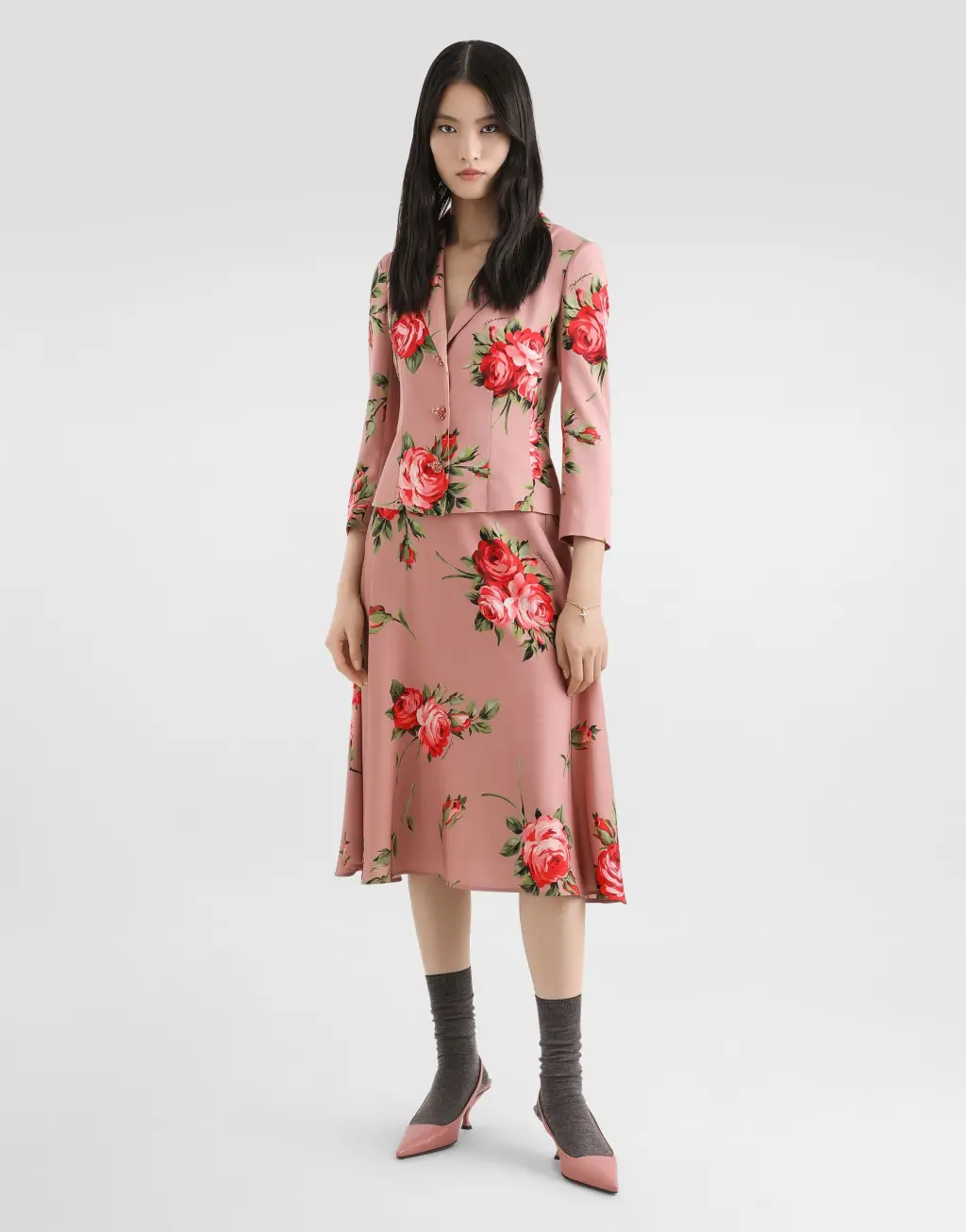 玫瑰花束印花真丝缎单排扣夹克