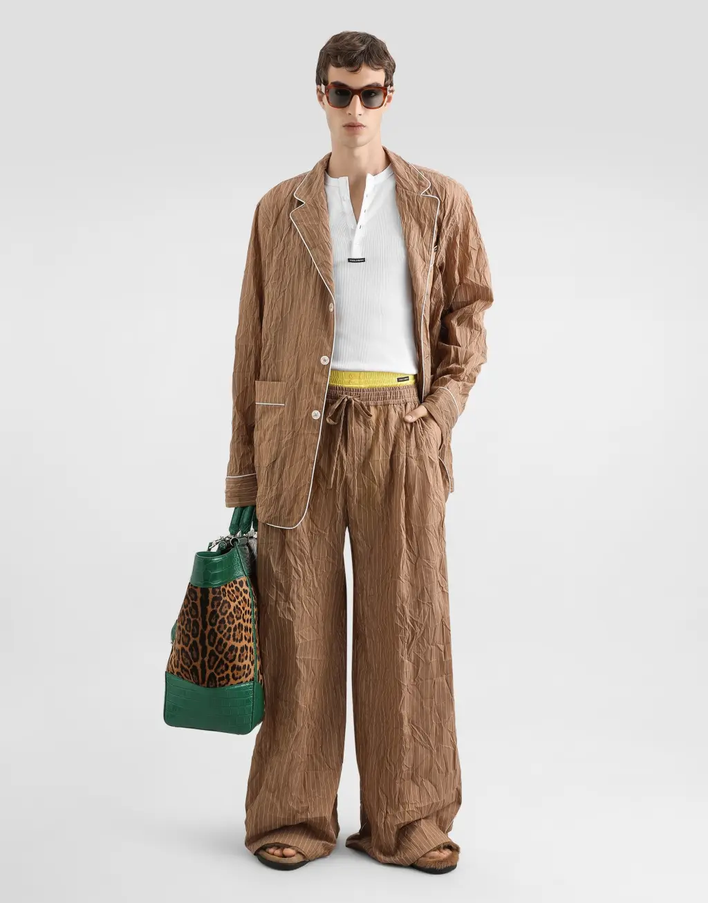 褶皱条纹布料衬衫式梳妆袍