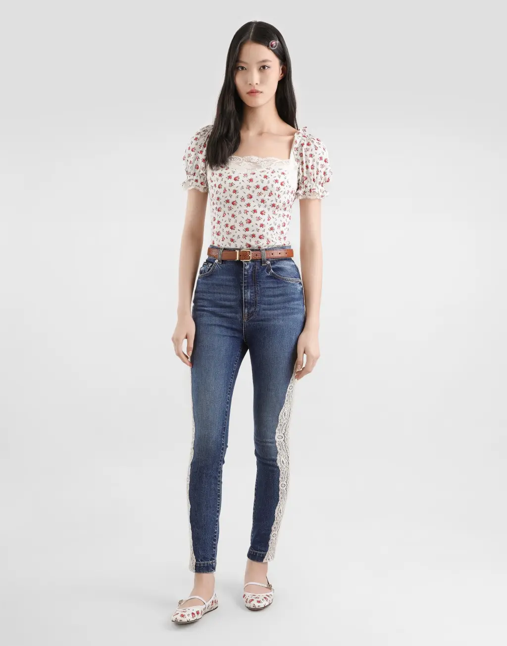 玫瑰小花印花真丝缎上衣