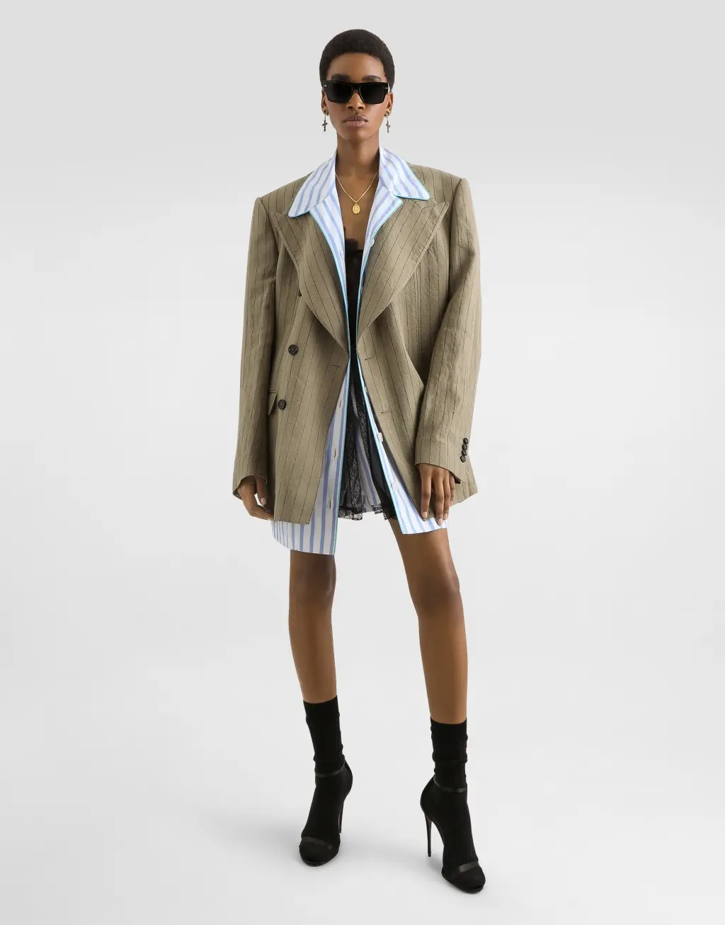 双排扣羊毛亚麻细条纹夹克