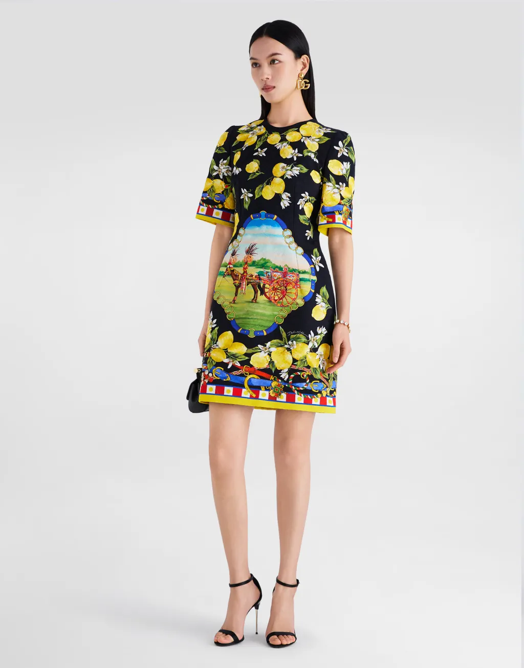 印花提花锦缎连衣裙