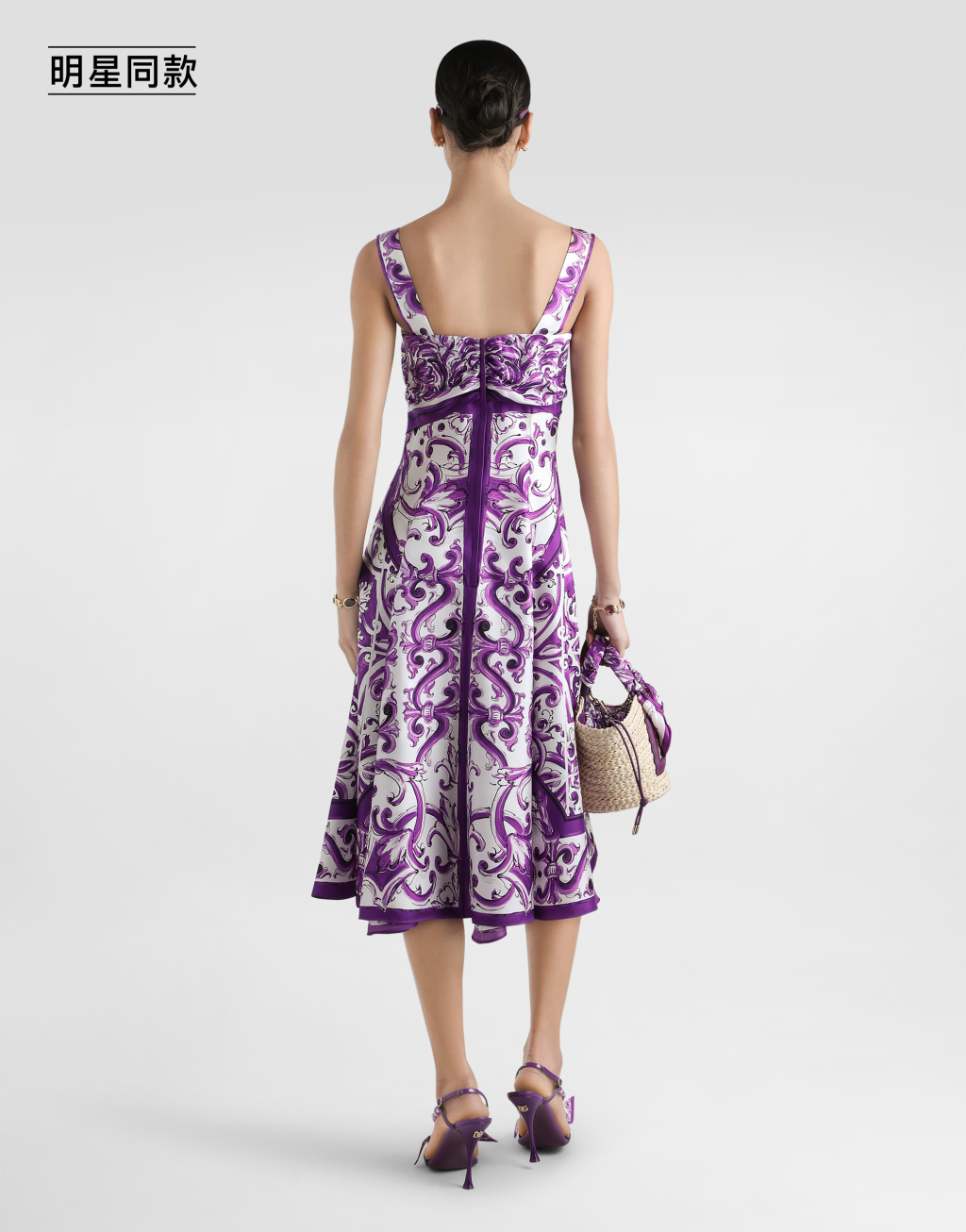 【真丝斜纹稠】明星同款马约利卡印花真丝斜吊带纹连衣裙3
