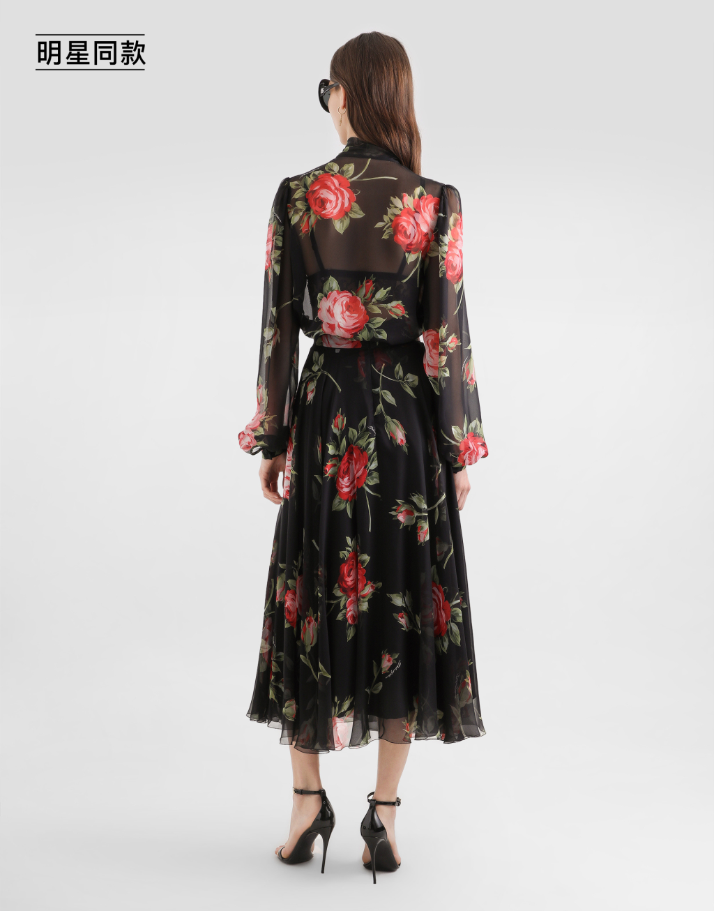 明星同款玫瑰印花雪纺上衣3