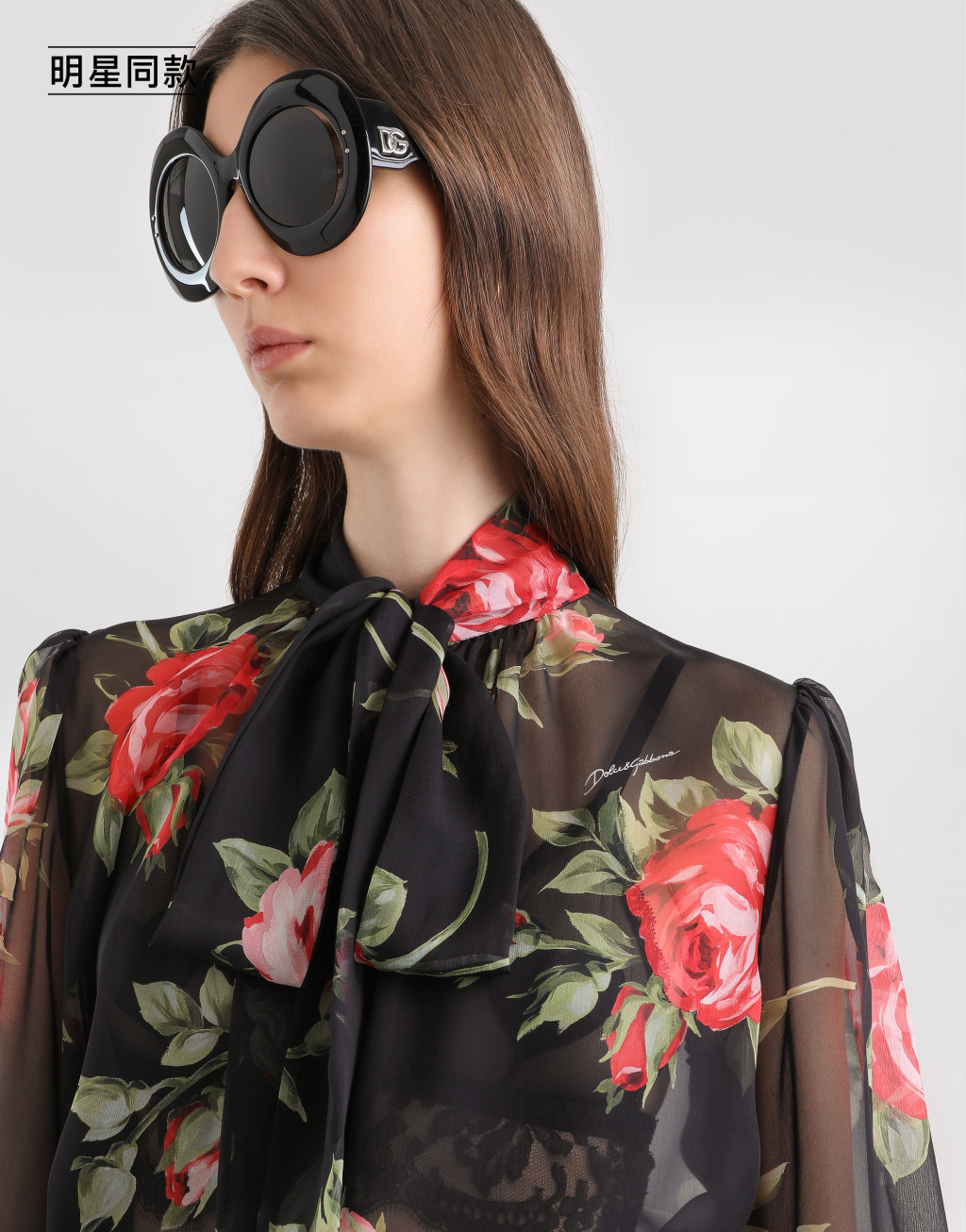 明星同款玫瑰印花雪纺上衣4