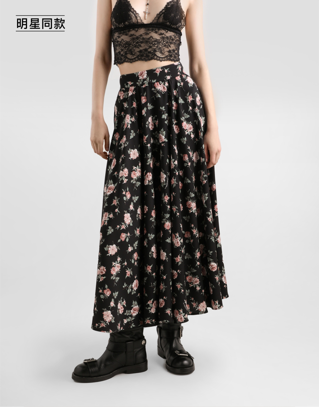 明星同款复古玫瑰印花素绉缎伞裙4