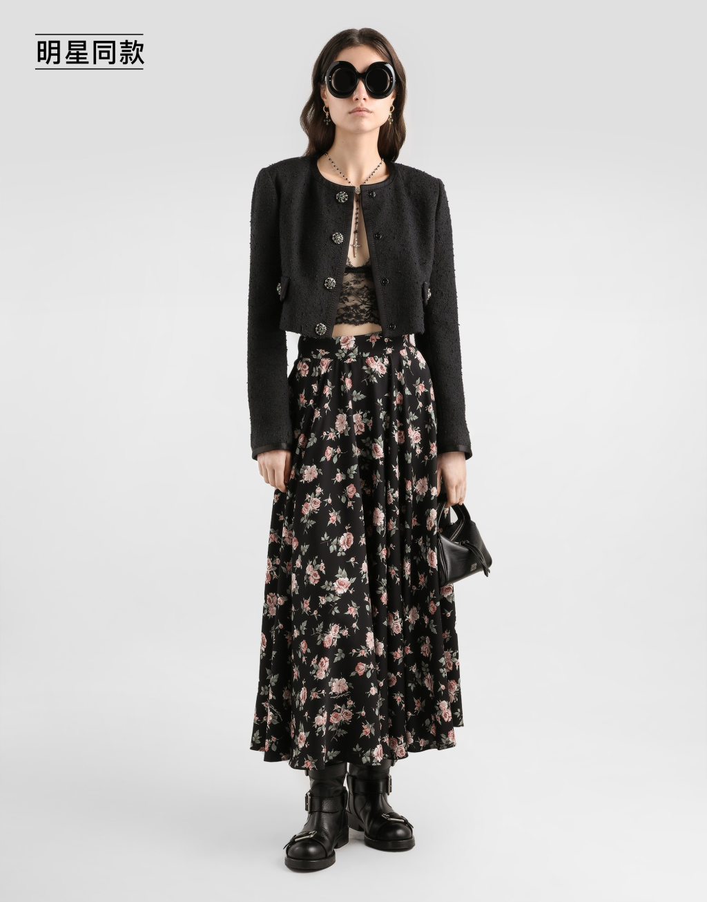 明星同款复古玫瑰印花素绉缎伞裙2