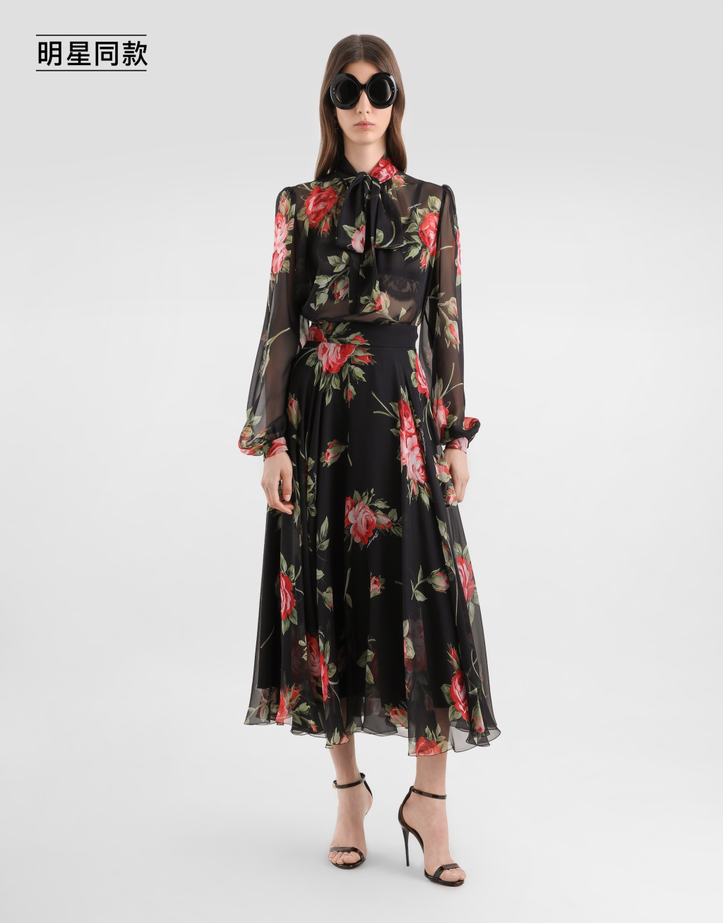 明星同款玫瑰印花雪纺伞裙2