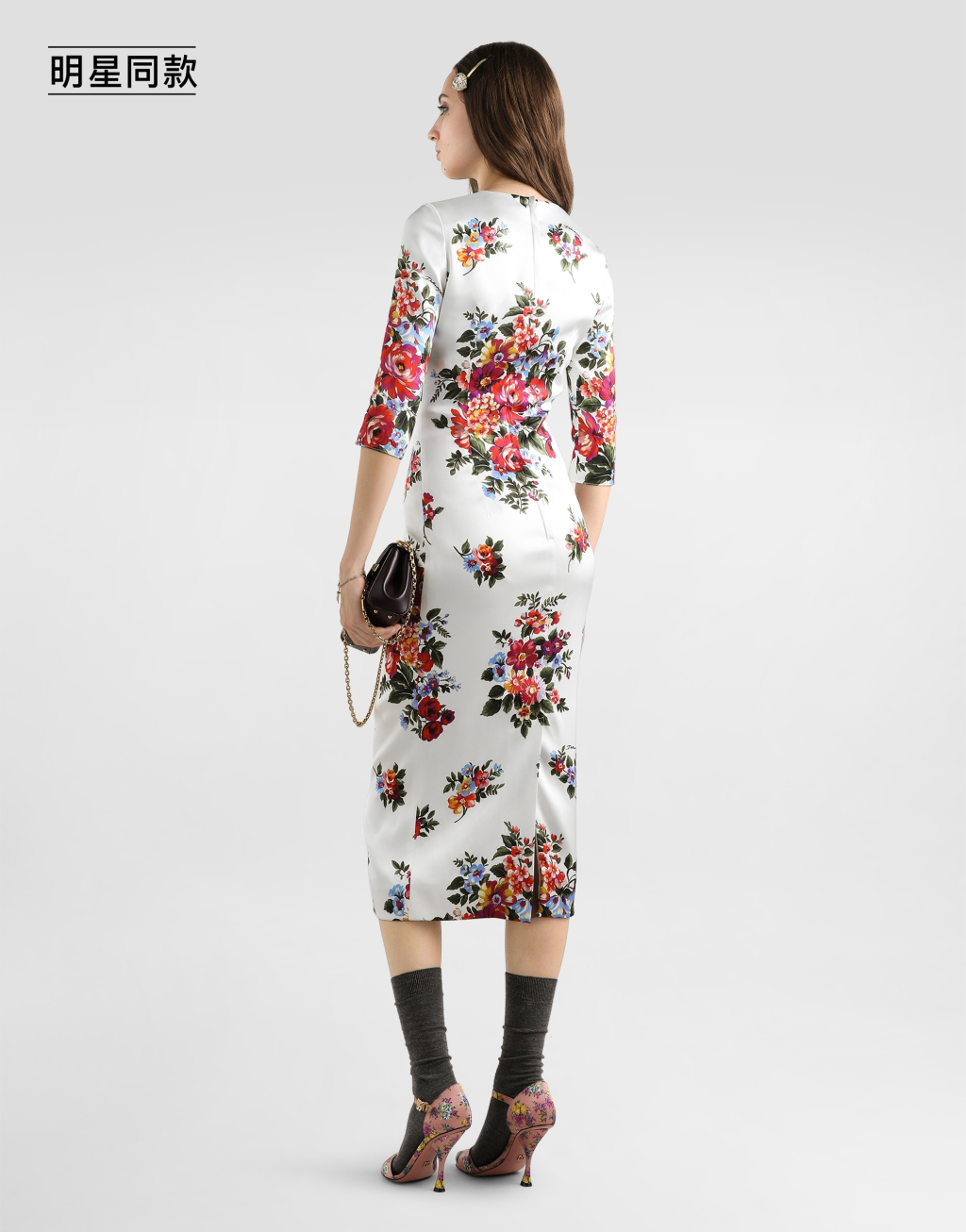 【色丁缎】明星同款花束印花缎面紧身连衣裙3