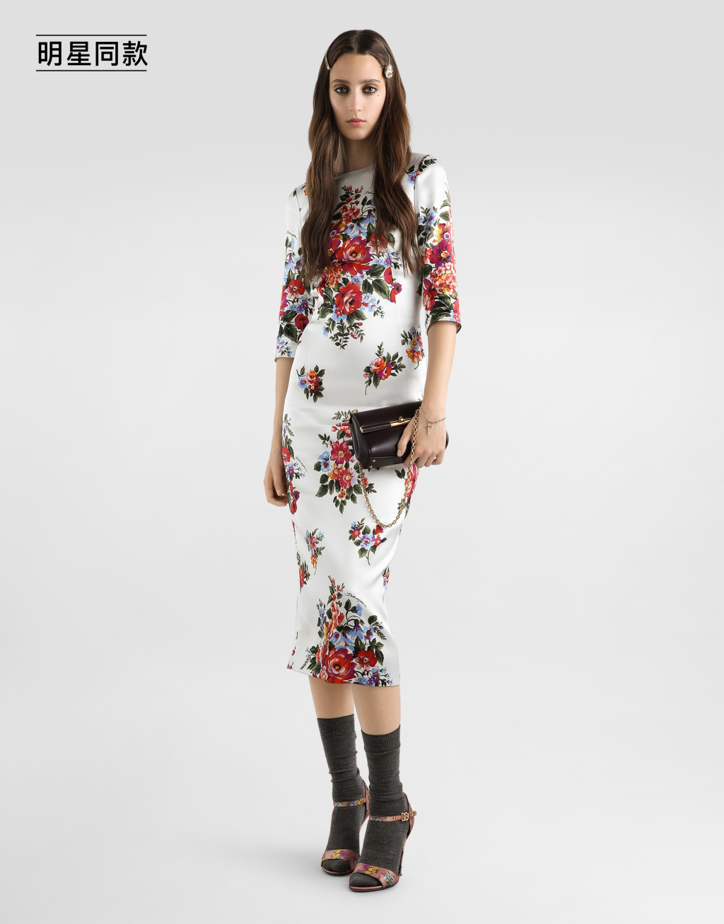 【色丁缎】明星同款花束印花缎面紧身连衣裙2