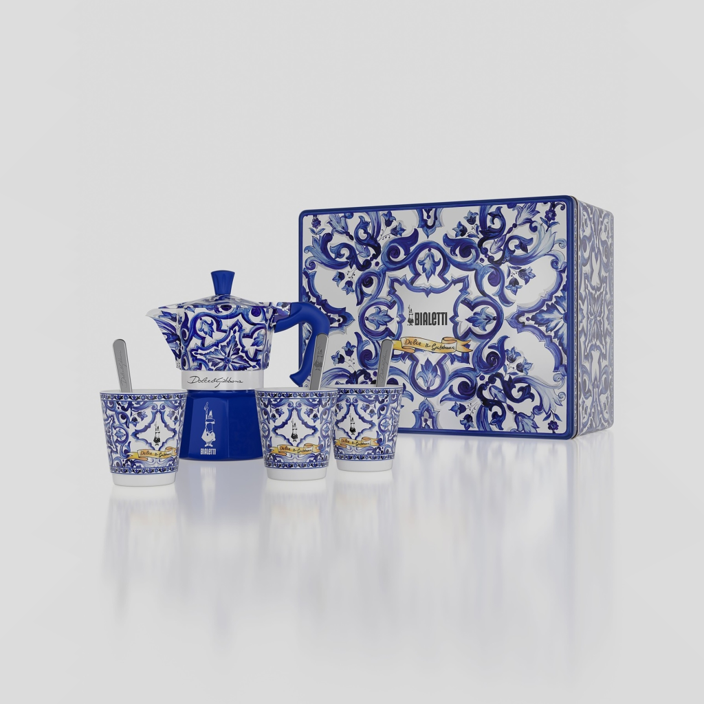 DOLCE&GABBANA BIALETTI 大号摩卡壶、3 个陶瓷咖啡杯、3 个银色搅拌棒礼盒4